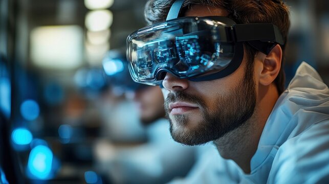 Scientists conducting experiment with virtual reality visualization