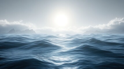 Fototapeta premium Sunlit ocean waves with distant misty islands.