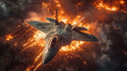 Advanced fighter jet executes a precision strike over a fiery battlefield during a critical military operation