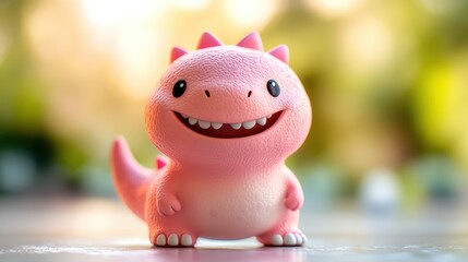 Cute pink dinosaur smiles playfully in a bright garden setting during a sunny day