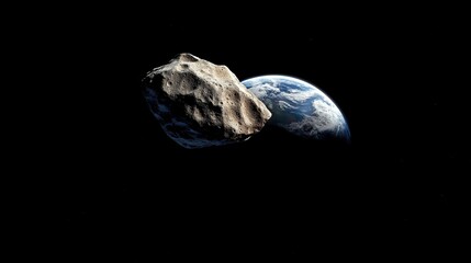 Asteroid Apophis illuminated by sunlight with Earth visible in the distance at dawn