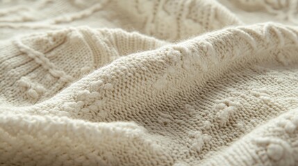 A close-up view of a textured cream-colored knitted fabric.