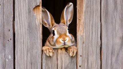 Curious Rabbit Peeking from Wooden Hideout in Garden