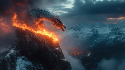 Mighty dragon breathes fire while perched on a jagged mountain cliff at twilight