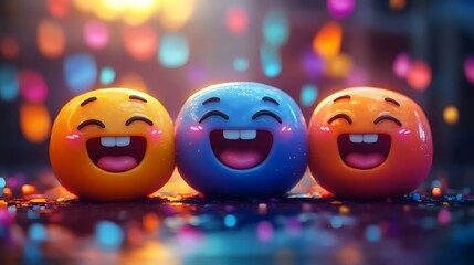 Three smiling faces are shown in a colorful background