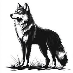 Fototapeta premium Silhouette of a standing wolf in a natural setting with grass at dusk