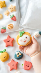 Cute hand holding a smiling orange cookie among colorful treats