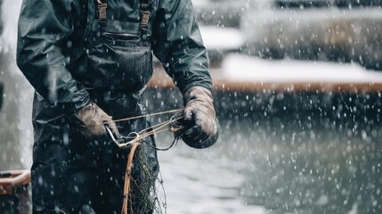 Naklejka premium A fisherman wearing a black beanie and orange jacket is working on his boat in rough waters