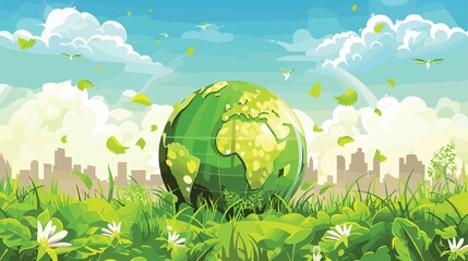 Ecological Cartoon Poster with Green Globe Motive for Environmental Awareness
