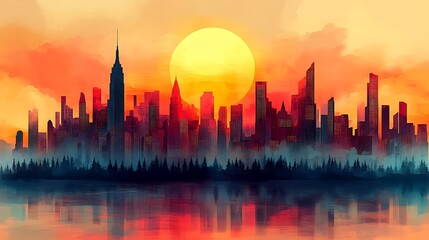 Obraz premium Cityscape Silhouette at Sunset Over Water