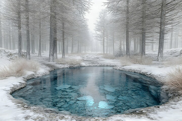 Naklejka premium Serene winter scene a crystal-clear pond nestled within a snow-covered forest, the trees frosted with winter's touch.