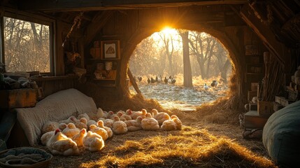 Sunrise in rustic chicken coop.