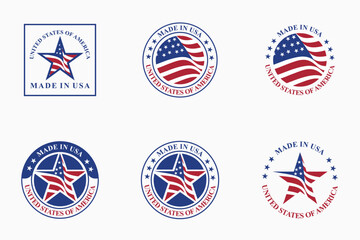 set of vector designs of circle of made in USA stamps with various US flag elements
