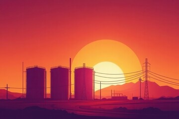 Dramatic Silhouette of Gas Towers at Sunset
