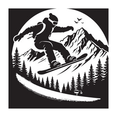 Snowboarding Silhouette Vector Illustration, Solid White Background.