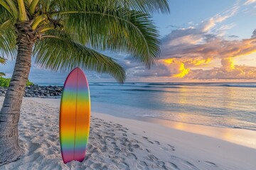 Colorful Surfboard by Palm Tree on Tropical Beach