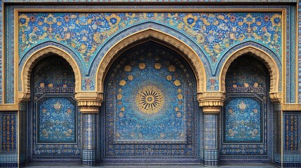 Fototapeta premium Intricate Blue And Gold Mosaic Archway Wall Detail