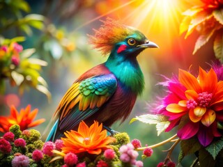 Fototapeta premium Double Exposure: Paradise Bird & Vibrant Flowers Close-Up - Stock Photo