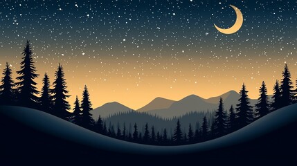 Fototapeta premium A serene night landscape featuring mountains, trees, and a crescent moon under a starry sky.
