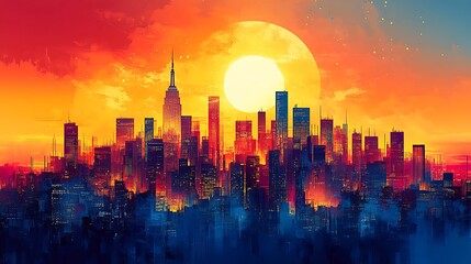 Cityscape Sunset Vibrant Colors Skyline Buildings