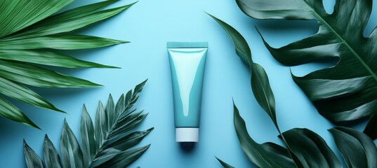 Natural Cosmetic Cream Tube Mockup With Tropical Leaves On Blue Background, Top View.