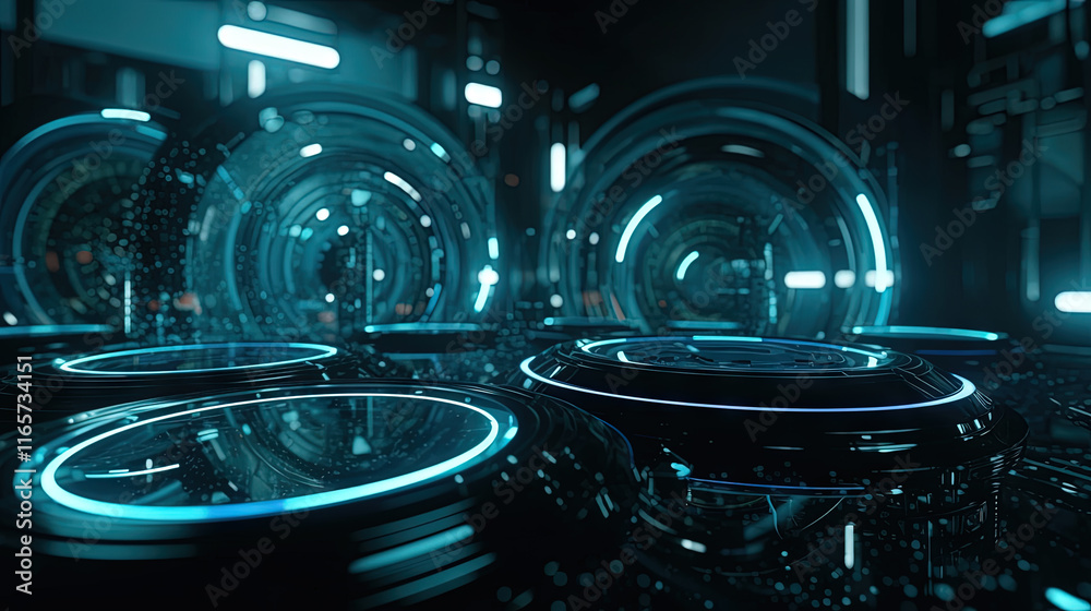 Aufkleber Technology abstract background with hud styled round interface elements in neon tech light.