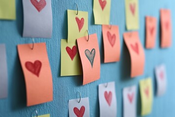 Colorful heart-drawn sticky notes on a blue wall brighten up the creative space