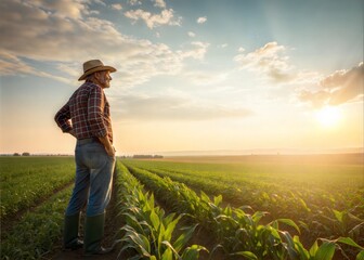 Fototapeta premium Farmer Standing in Sunlit Field, Representing Agriculture and Sustainability