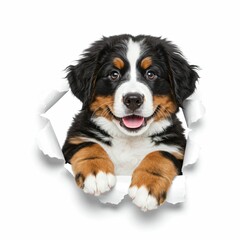 Adorable Bernese Mountain Dog Puppy Peeking Through Torn Paper - Fluffy and Playful Pet Design