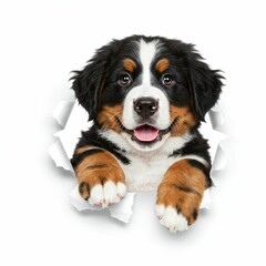 Adorable Bernese Mountain Dog Puppy Peeking Through Torn Paper - Fluffy and Playful Pet Design