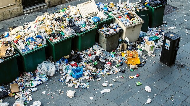drone view of a city block with streets littered with overflowing trash bins and scattered garbage, reflecting the widespread issue of waste accumulation in urban spaces. 