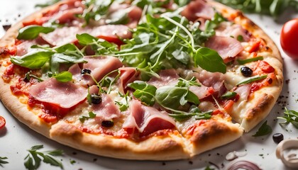 Pizza with ham, rucola, and vegetables on white background