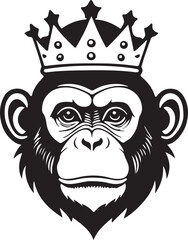 A black and white monkey head wearing crown silhouette design - logotype monkey head icon silhouette design 