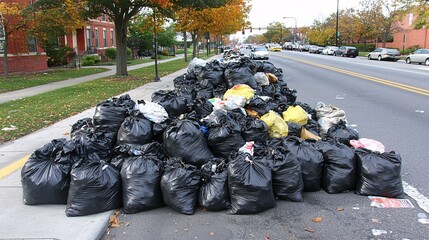 Fototapeta premium of a busy street with piles of garbage bags, integrated with the image of urban decay. | 