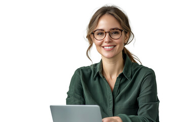 business woman with laptop isolated on white