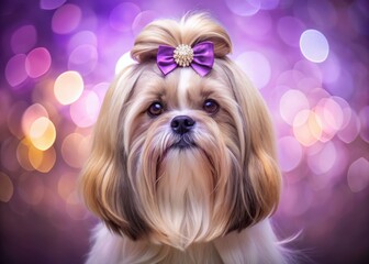 Elegant Shih Tzu Puppy with Jeweled Bow, Lilac Bokeh Background - Stock Photo