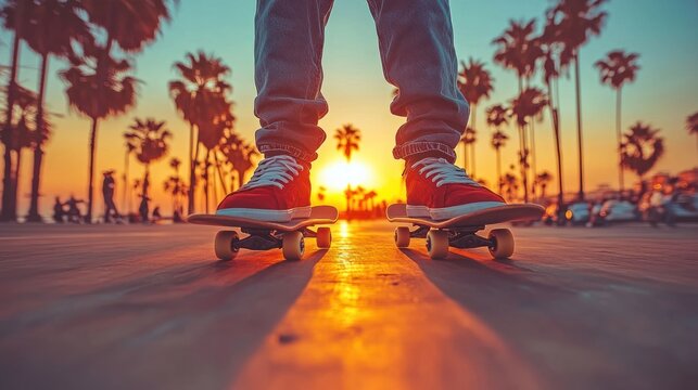 Sunset skateboarder legs and board.