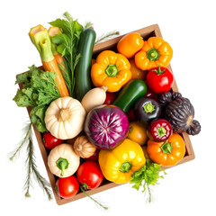 Fresh Colorful Vegetables in a Wooden Crate on transparent background