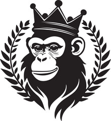 A black and white monkey head wearing crown silhouette design - logotype monkey head icon silhouette design 