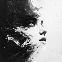 Abstract monochrome painting, woman's face emerging.