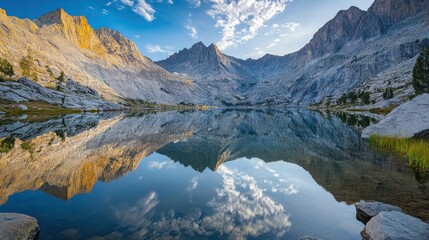 Obraz premium A serene mountain lake perfectly reflects the dramatic, rugged peaks and a clear blue sky, creating a stunning natural landscape ideal for travel marketing or environmental conservation features.