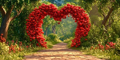 Red heart made of red flowers is in the middle of a path