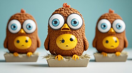 Fototapeta premium Three cartoon brown chickens with surprised and sad expressions sitting in small boxes of straw.