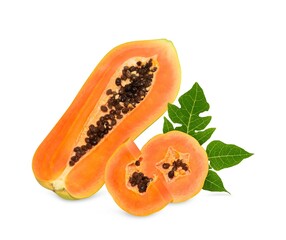 ripe papaya fruit with seeds isolated on white background. full depth of field