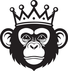 A black and white monkey head wearing crown silhouette design - logotype monkey head icon silhouette design 