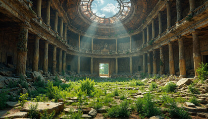 Obraz premium Abandoned ruins with light rays illuminating overgrown greenery