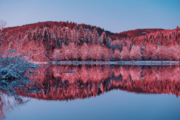 Winter Landscape of the lake with Infrared color style with Water reflection 