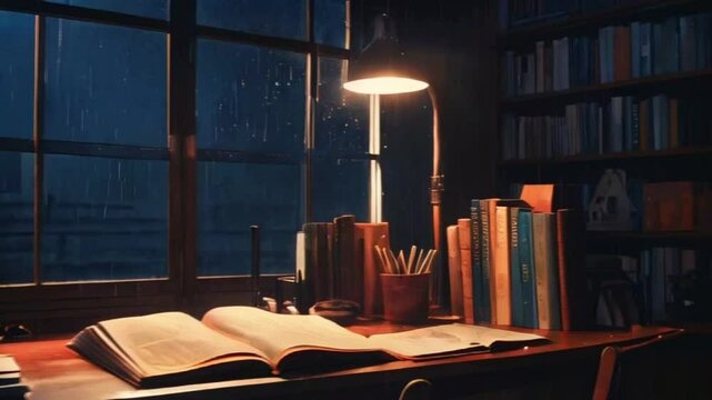 The study desk is desk lamp, with rain heavily pouring down outside. room is filled with shelves of books, 2d flat anime-style illustration, 4k lofi hip-hop bites landscape music animation video