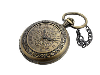 Isolated Bronze Pocket Watch with Roman Numerals and Chain
