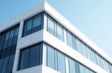 Fototapeta na wymiar Modern white office building corner, glass windows, blue sky.